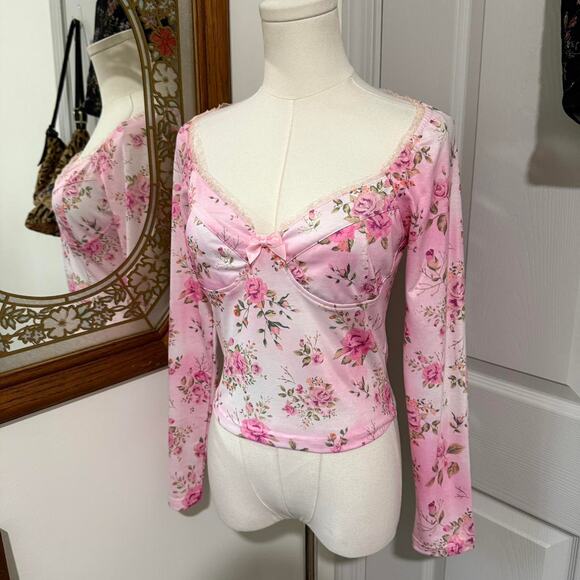 Dolls Kill Sugar Thrillz Pink & White Romantic Floral Sweetheart Coquette Top S - Picture 2 of 7